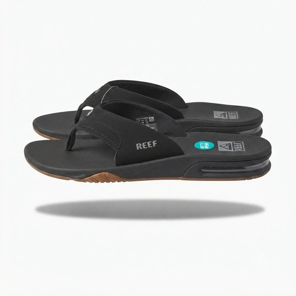 Reef Fanning Flip Flops Mens 9 Black Silver Bottle Opener RF002026BLS **NEW**